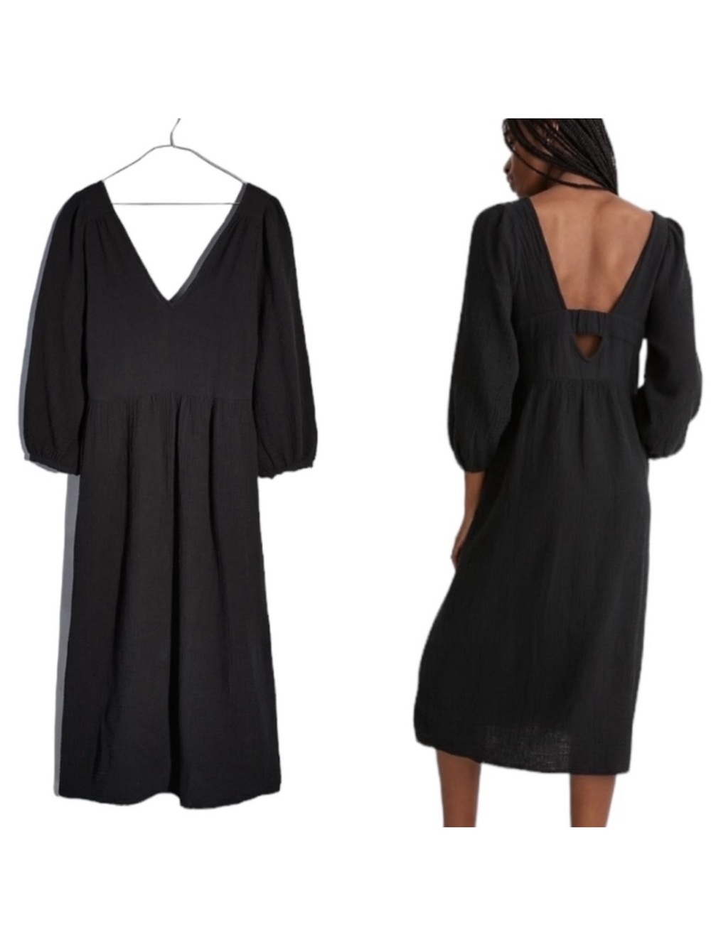 Madewell light spun washed  Black Midi Dress with V-Back and Balloon Sleeves M